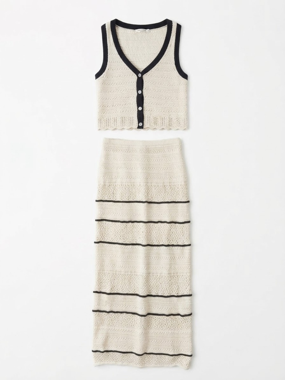 Abercrombie & Fitch Cream Black Crochet Matching Set Midi Skirt & Tank